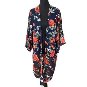 Adora Navy Floral Kimono Cardigan Sheer Lightweight Cover-Up Size L USA Made